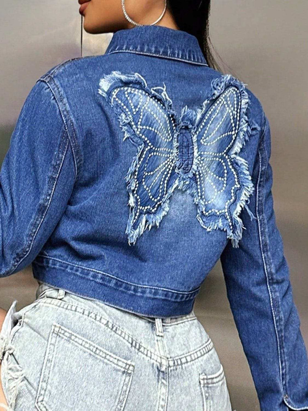 Butterfly Patch Long Sleeve Cropped Denim Top - Trendsi - Flyclothing LLC