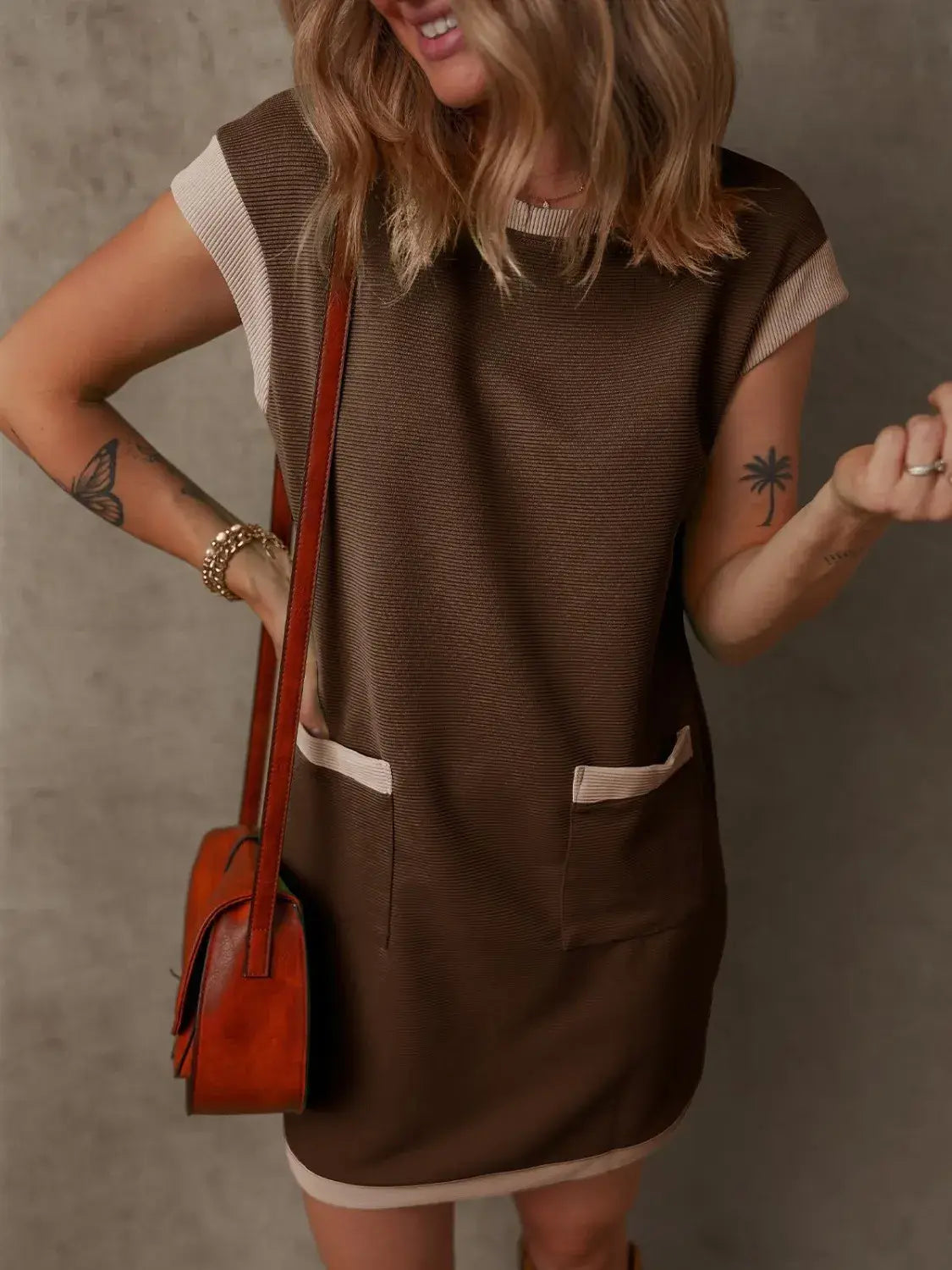 Round Neck Cap Sleeve Mini Dress - Trendsi - Flyclothing LLC