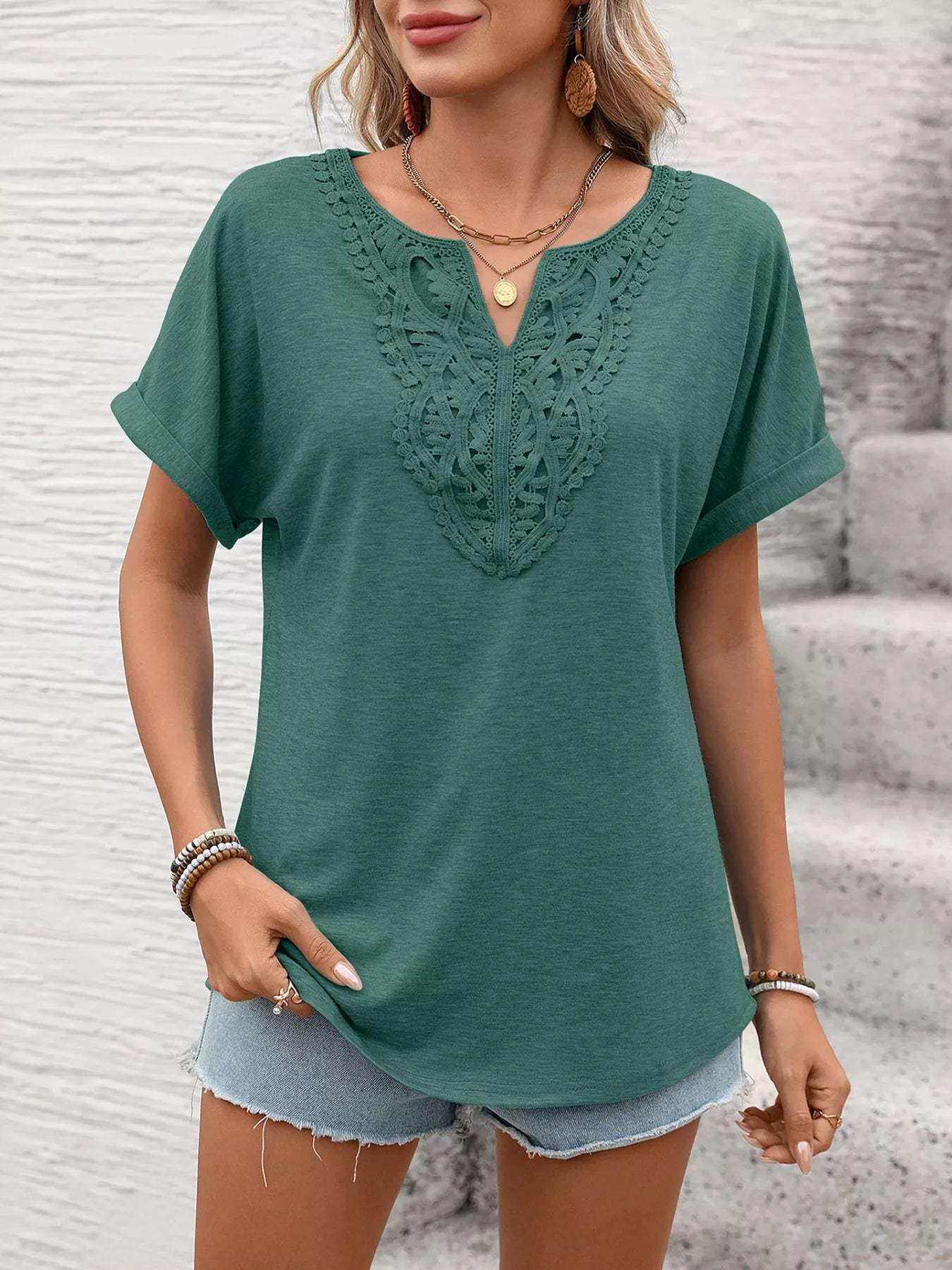 Lace Trim Short Sleeve T-Shirt - Trendsi - Flyclothing LLC