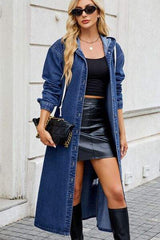 Button Up Long Sleeve Longline Hooded Denim Outerwear - Trendsi - Flyclothing LLC