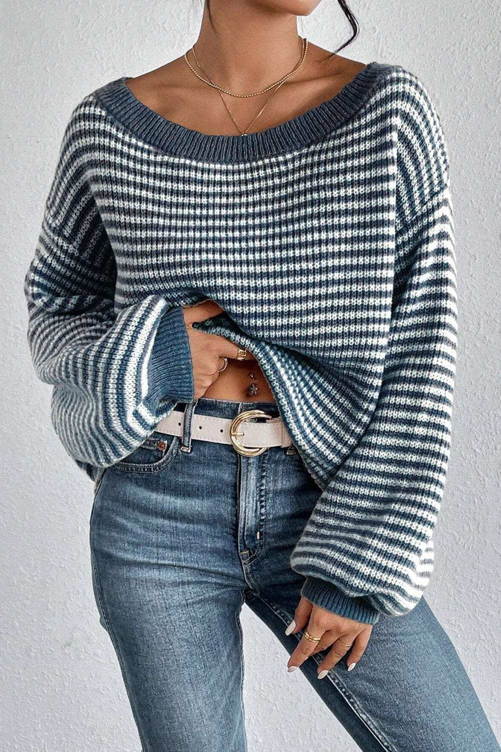 Striped Boat Neck Long Sleeve Sweater - Trendsi - Flyclothing LLC