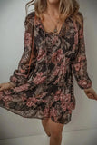 Printed Tie Neck Long Sleeve Mini Dress - Trendsi
