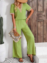 V-Neck Short Sleeve Top and Pants Set - Trendsi - Flyclothing LLC