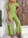 V-Neck Short Sleeve Top and Pants Set - Trendsi - Flyclothing LLC