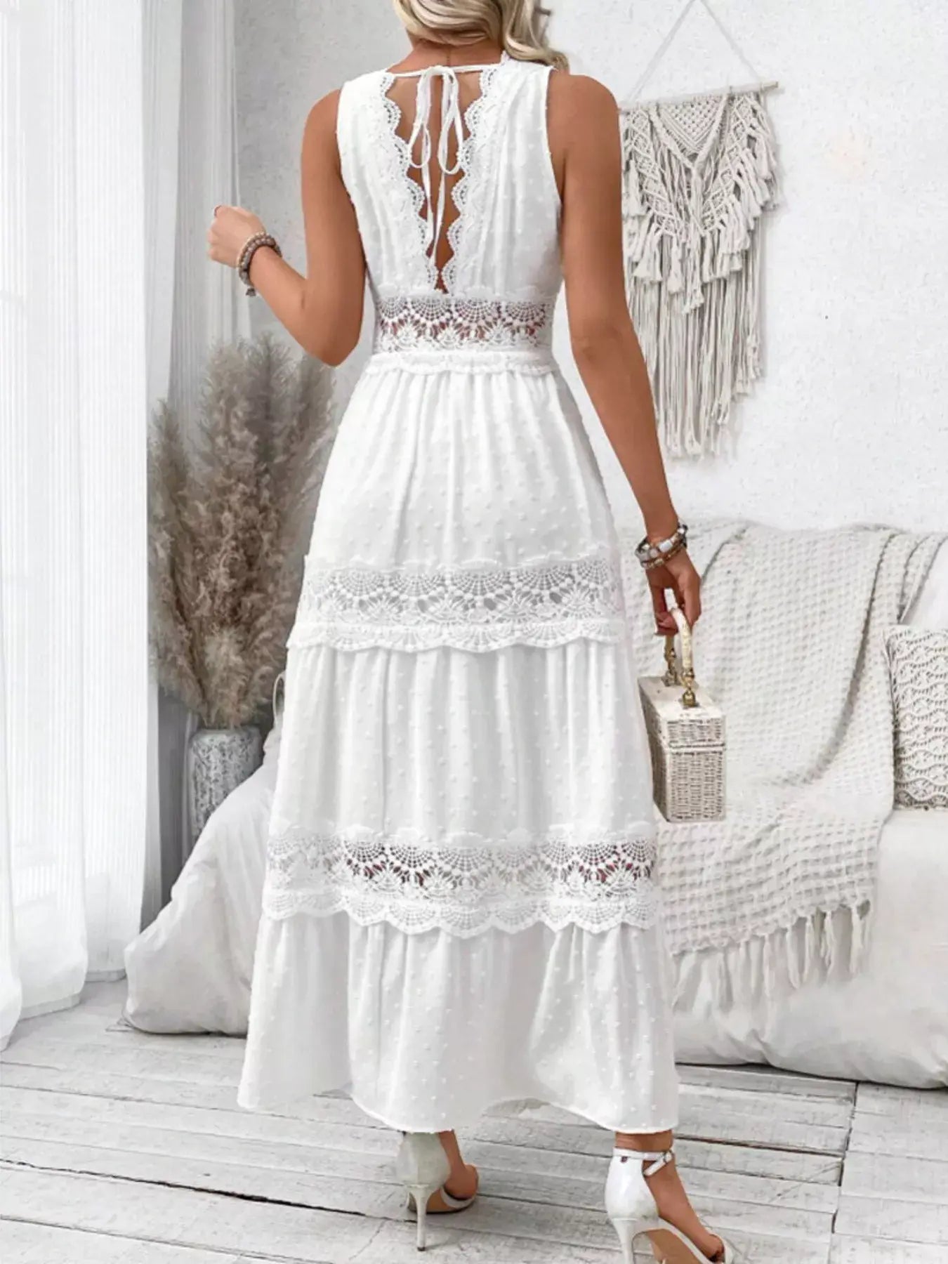 Full Size Lace Detail Tie Back Sleeveless Tiered Dress Plus Size - Trendsi - Flyclothing LLC