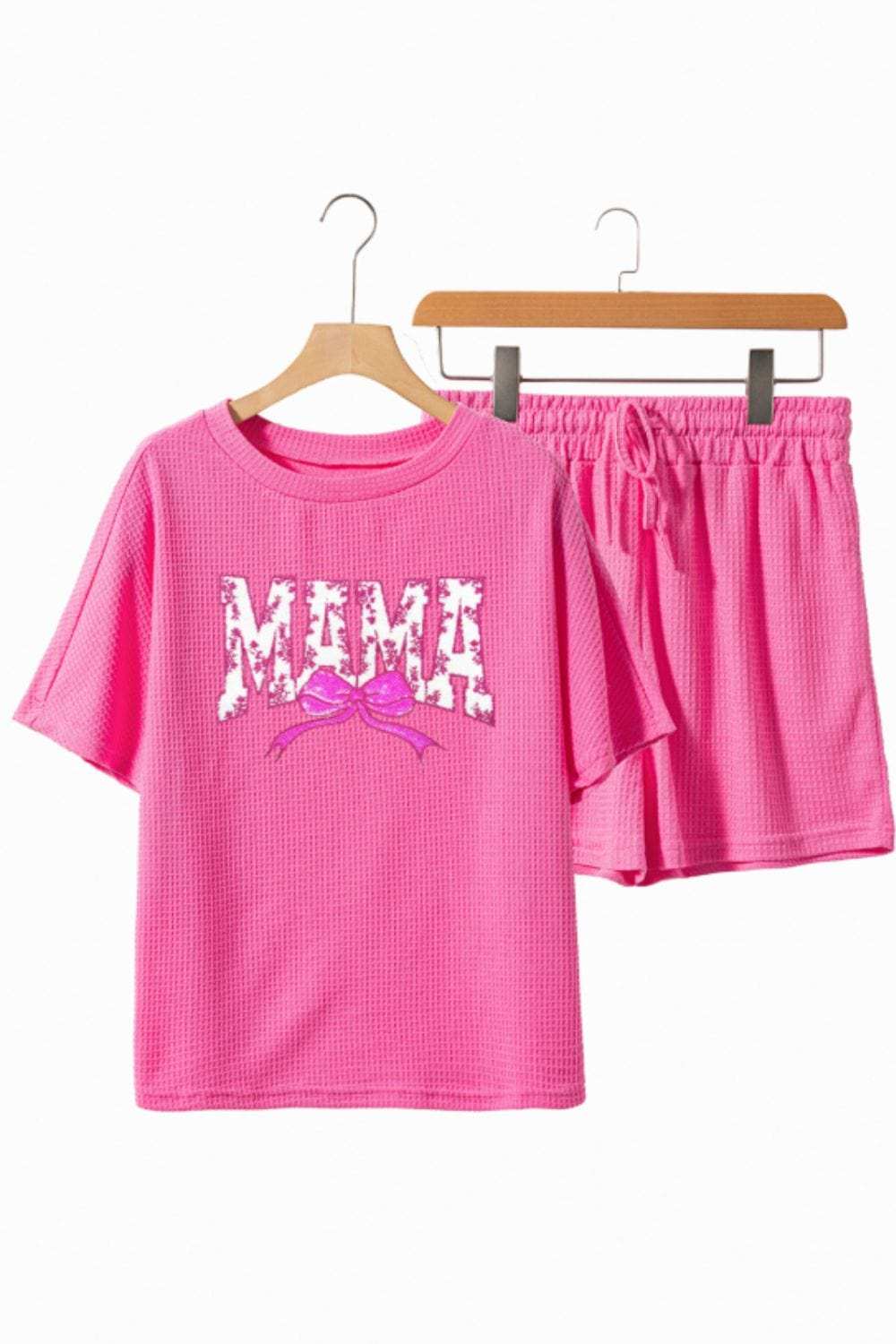 Waffle Sequin Floral MAMA Bow Graphic Top and Shorts Set - Trendsi - Flyclothing LLC