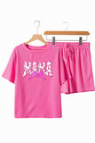 Waffle Sequin Floral MAMA Bow Graphic Top and Shorts Set - Trendsi - Flyclothing LLC