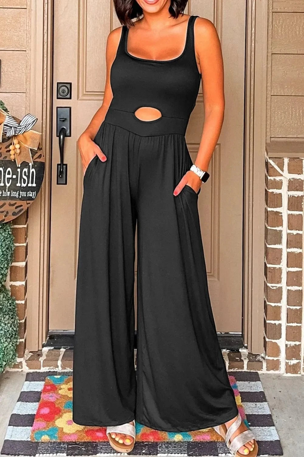 Cutout Scoop Neck Wide Strap Jumpsuit - Trendsi