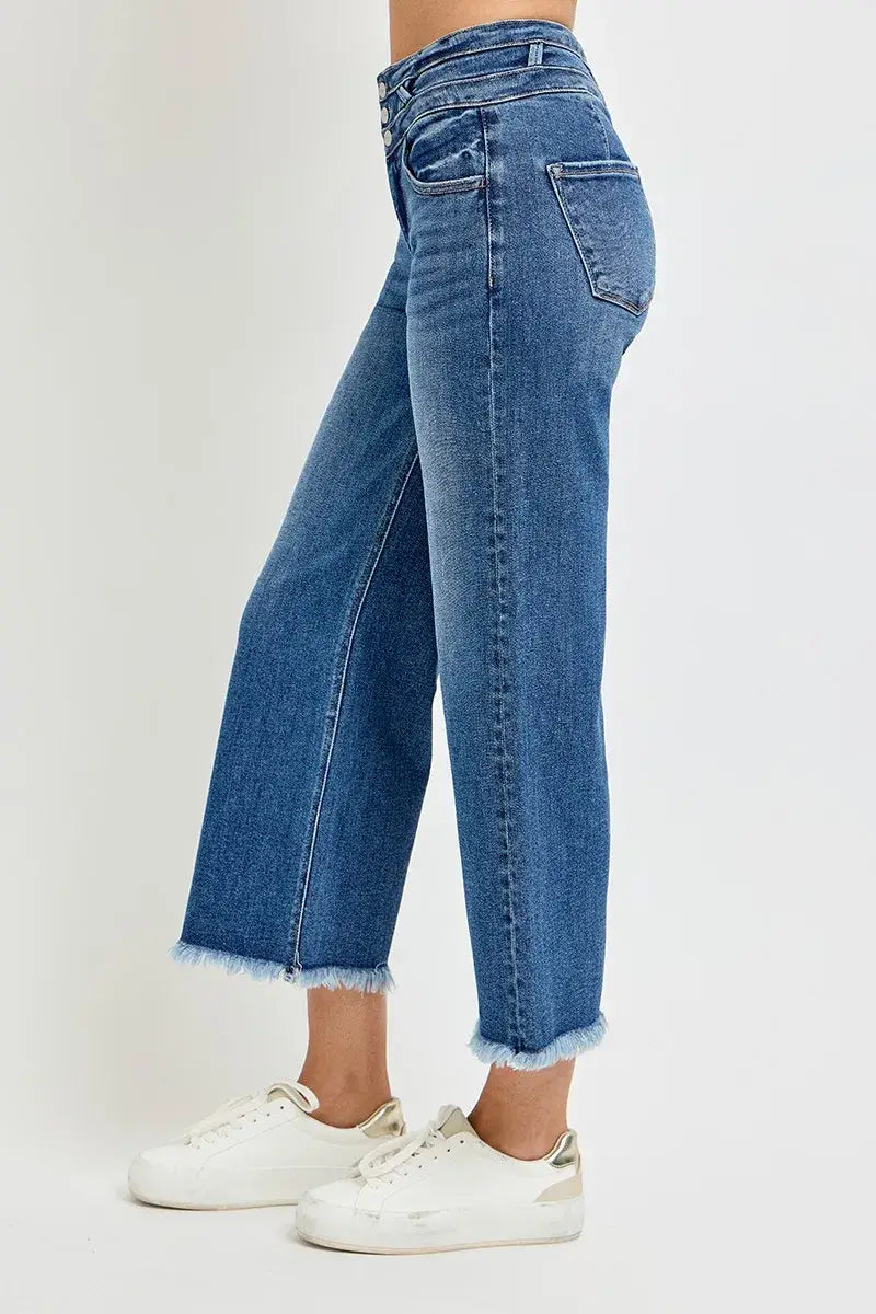 RISEN High Rise Crop Wide Leg Jeans with Wide Band Detail - Trendsi - Flyclothing LLC
