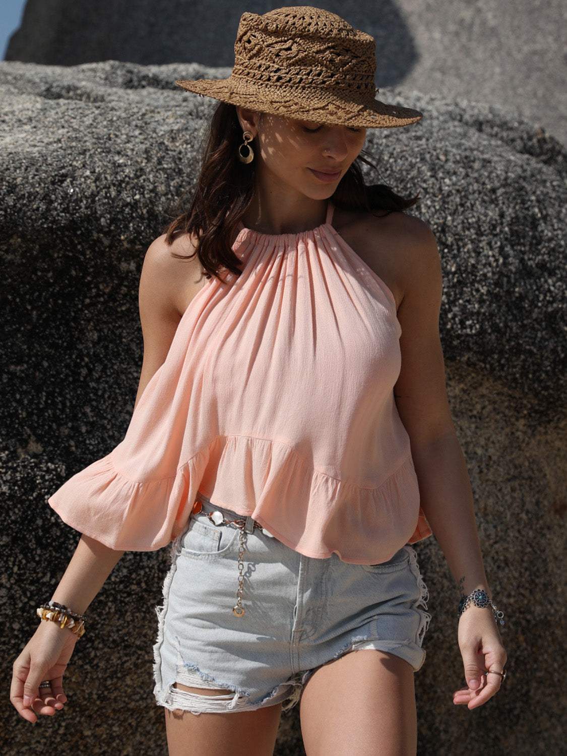 Ruched Peplum Round Neck Tank - Trendsi - Flyclothing LLC