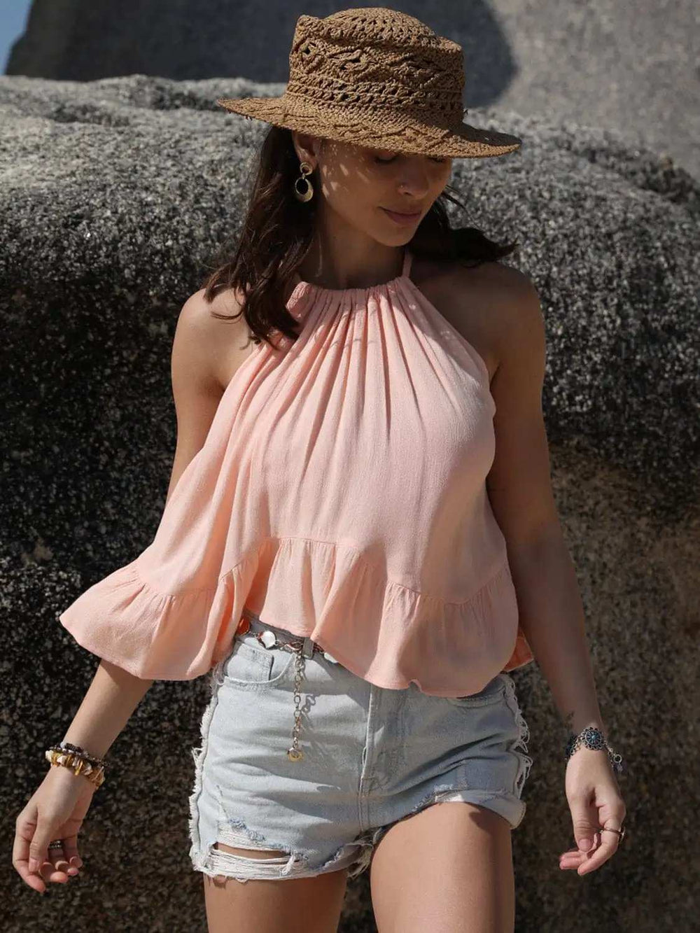 Ruched Peplum Round Neck Tank - Trendsi - Flyclothing LLC