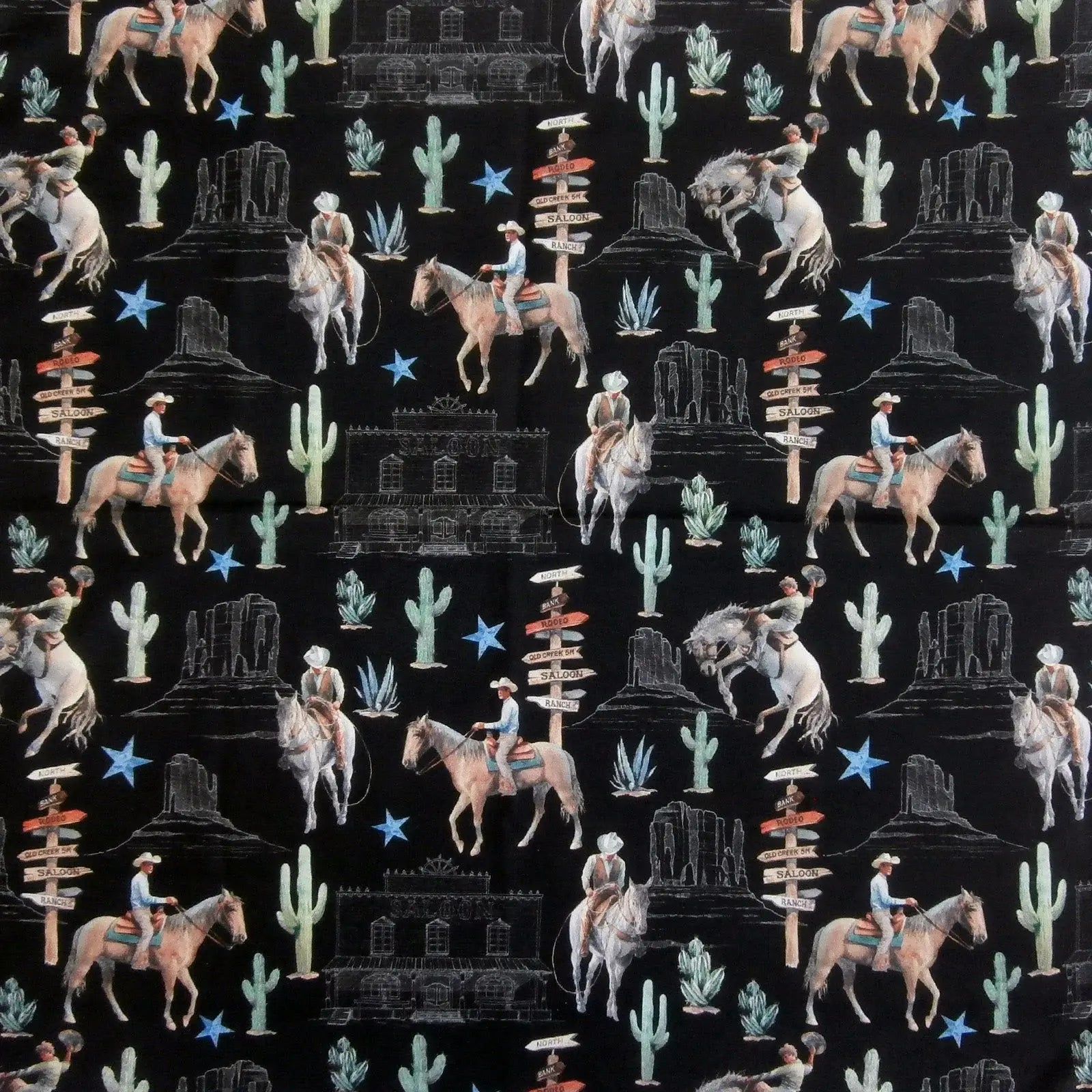 Rockmount Ranch Ware Cowboy Riders & Cactus Western Cotton Bandana in Black - Rockmount Clothing - Flyclothing LLC