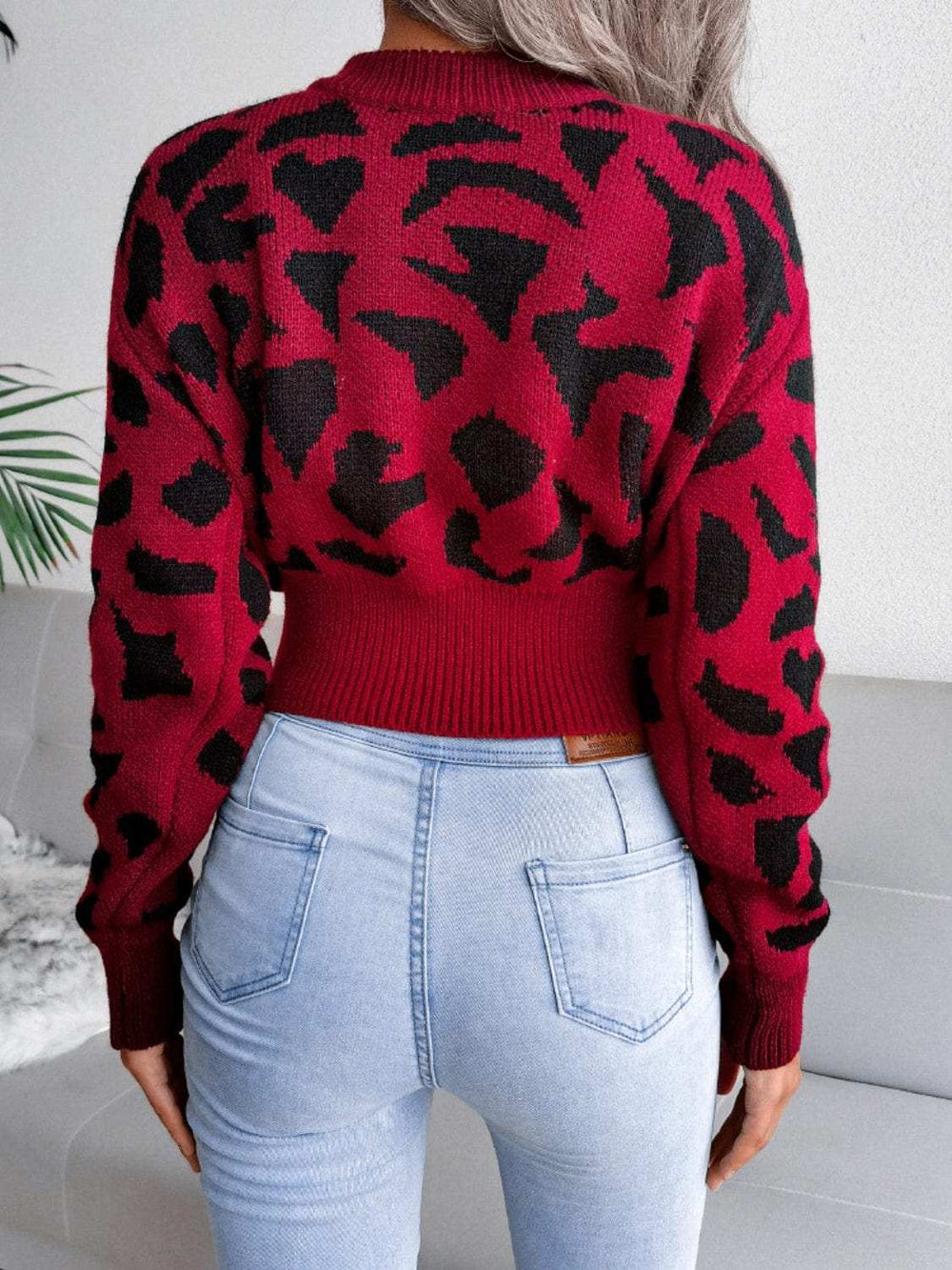 Leopard Round Neck Dropped Shoulder Sweater - Trendsi - Flyclothing LLC