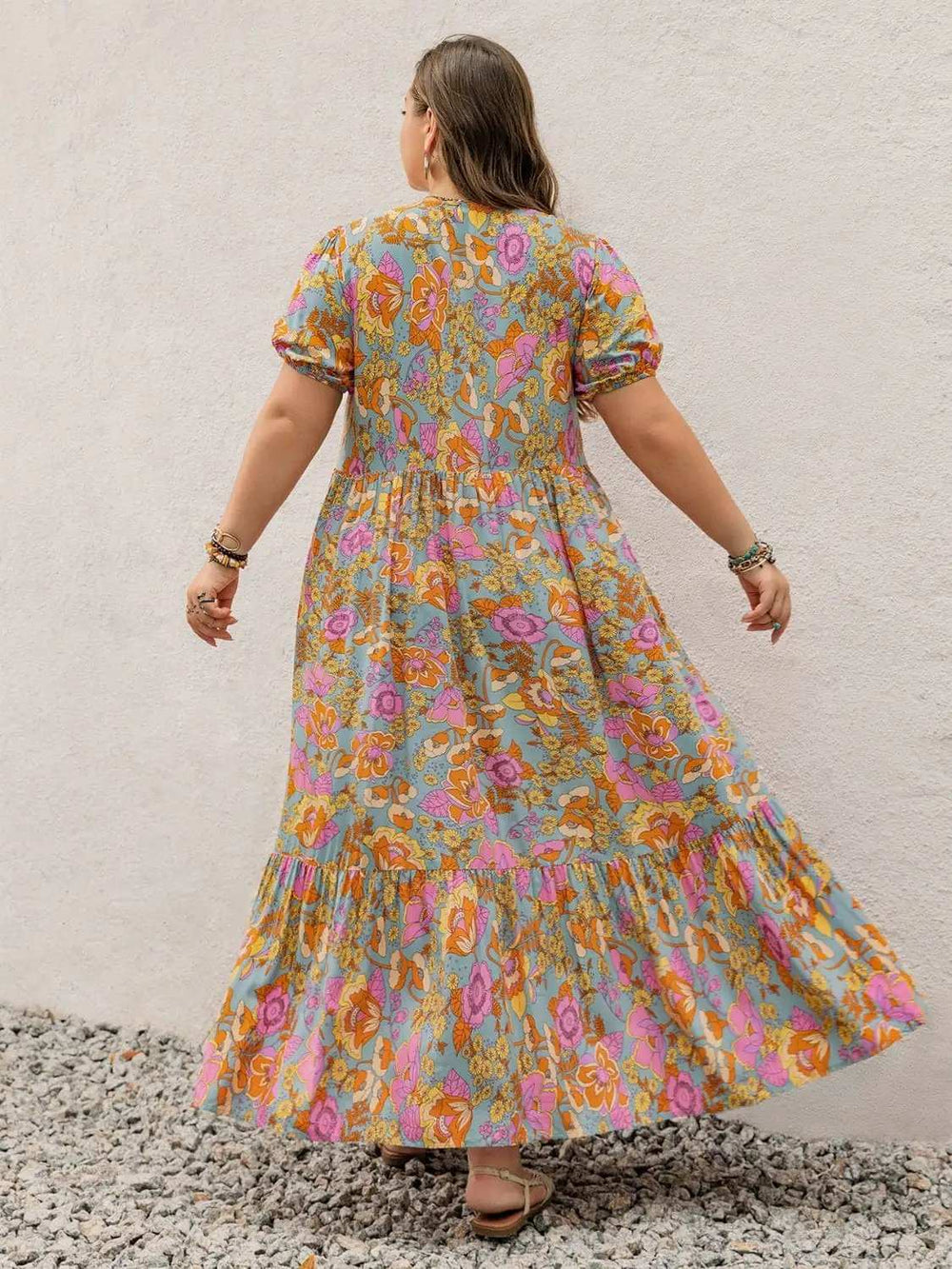 Plus Size Printed V-Neck Short Sleeve Maxi Dress - Trendsi - Flyclothing LLC