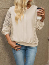 Lace Sleeve Crew Neck Sweatshirt - Trendsi - Flyclothing LLC