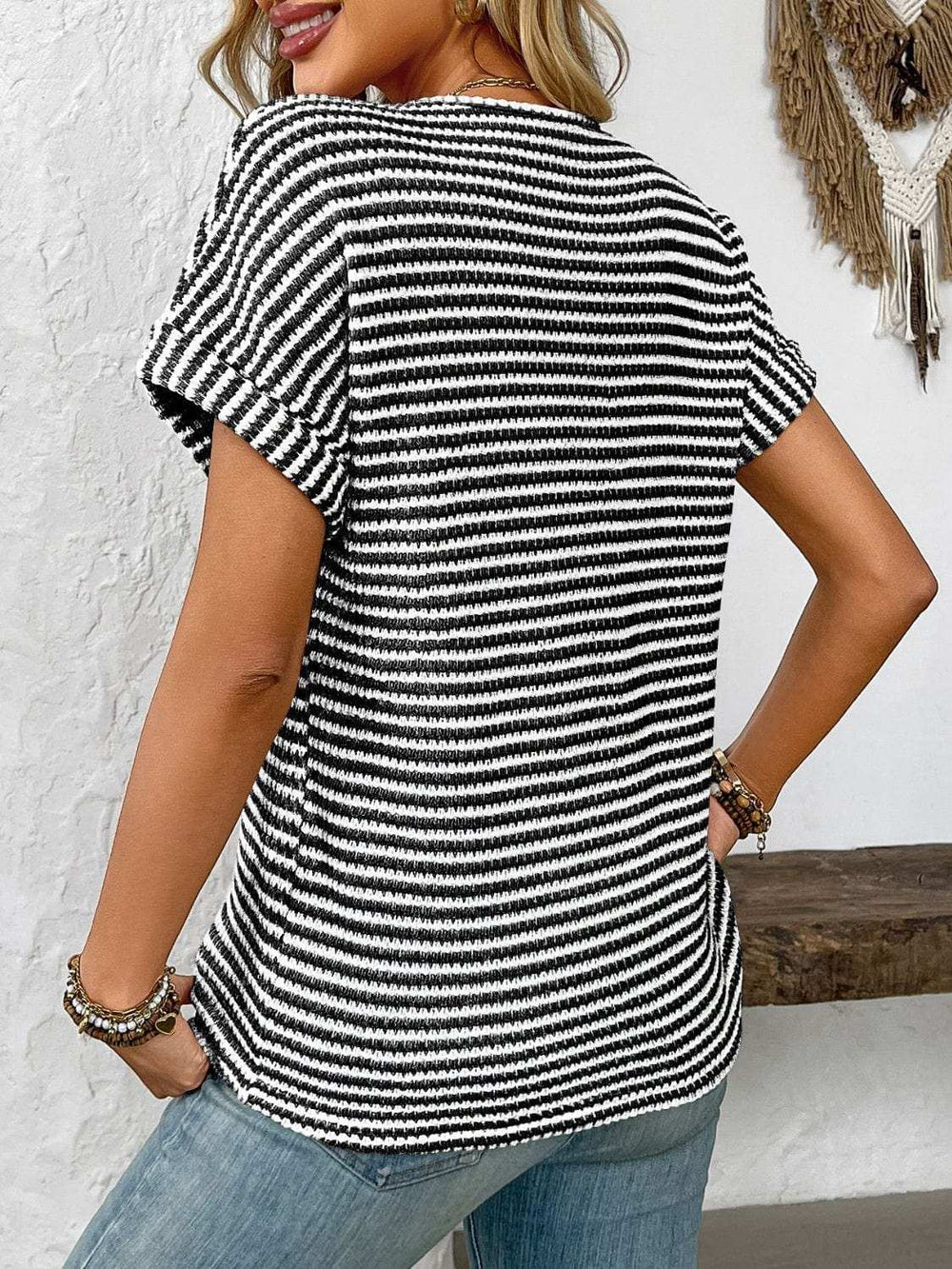 Striped Notched Short Sleeve T-Shirt - Trendsi - Flyclothing LLC