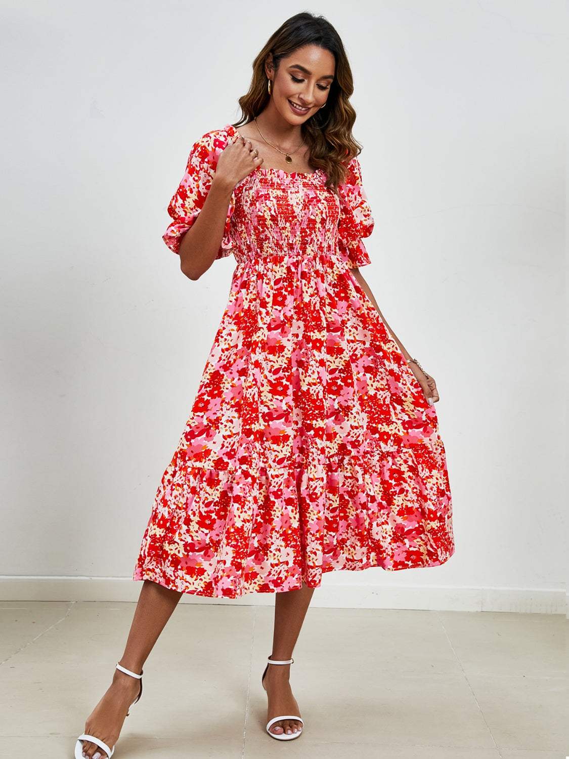 Smocked Floral Square Neck Short Sleeve Dress - Trendsi - Flyclothing LLC