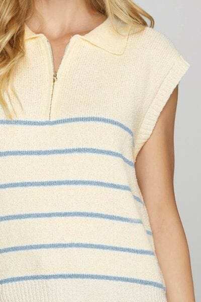 She + Sky Full Size Ribbed Hem Striped Half Zip Sweater Vest Plus Size - Trendsi - Flyclothing LLC