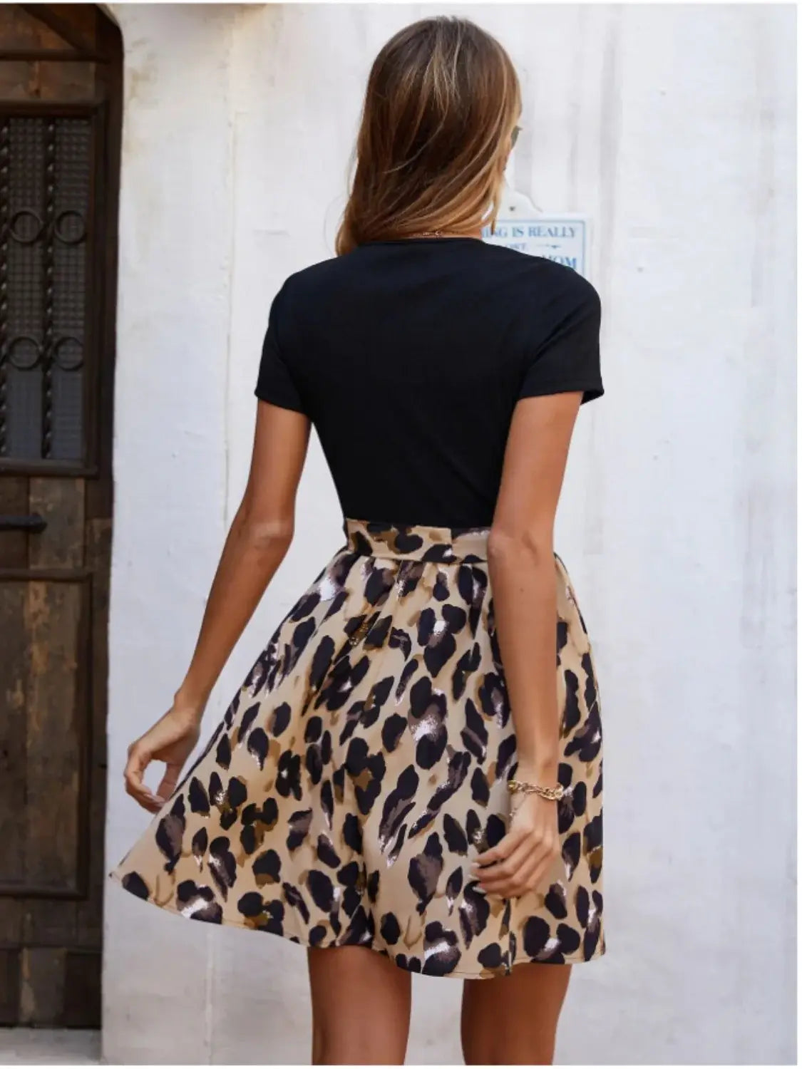 Tied Front Contrast Leopard Short Sleeve Mini Dress - Trendsi - Flyclothing LLC