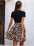 Tied Front Contrast Leopard Short Sleeve Mini Dress - Trendsi