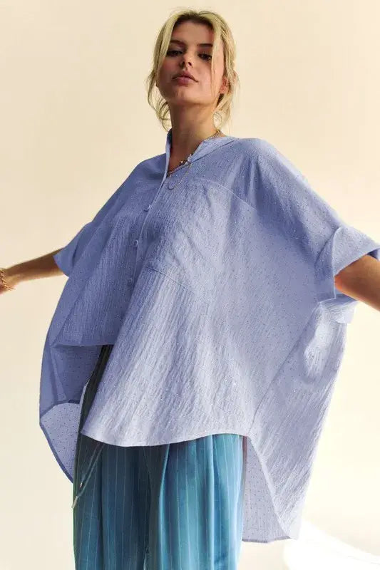 Davi & Dani Rhinestone Pleat Back Short Sleeve Loose Fit Shirt - Trendsi - Flyclothing LLC