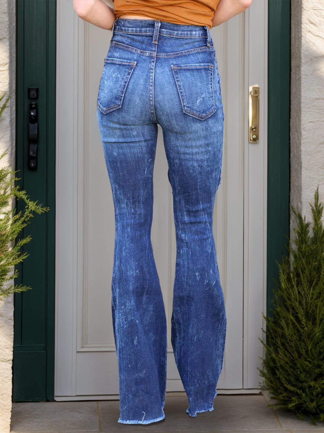 Raw Hem Distressed Bootcut Jeans - Trendsi