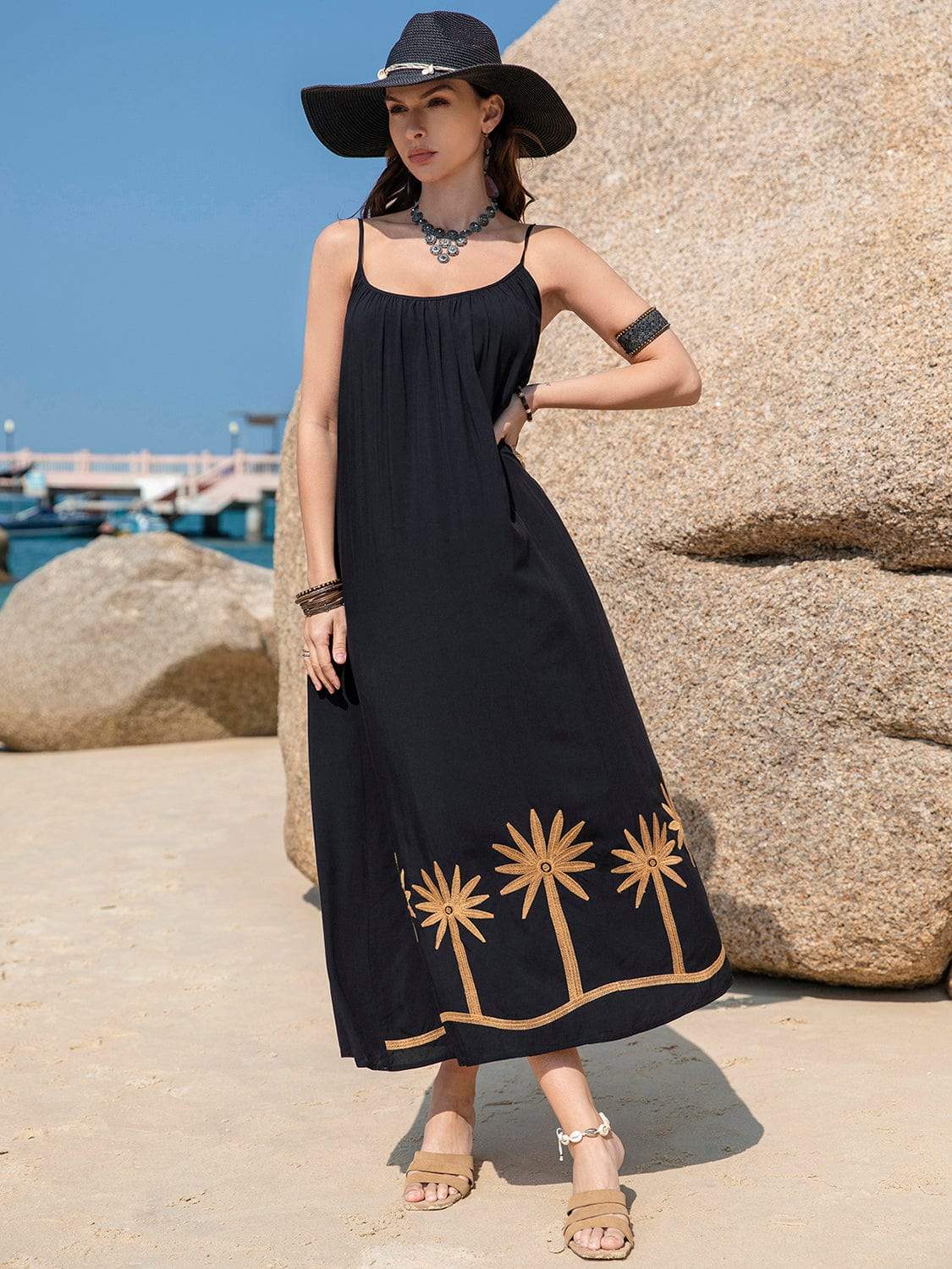 Embroidered Scoop Neck Midi Cami Dress - Trendsi - Flyclothing LLC