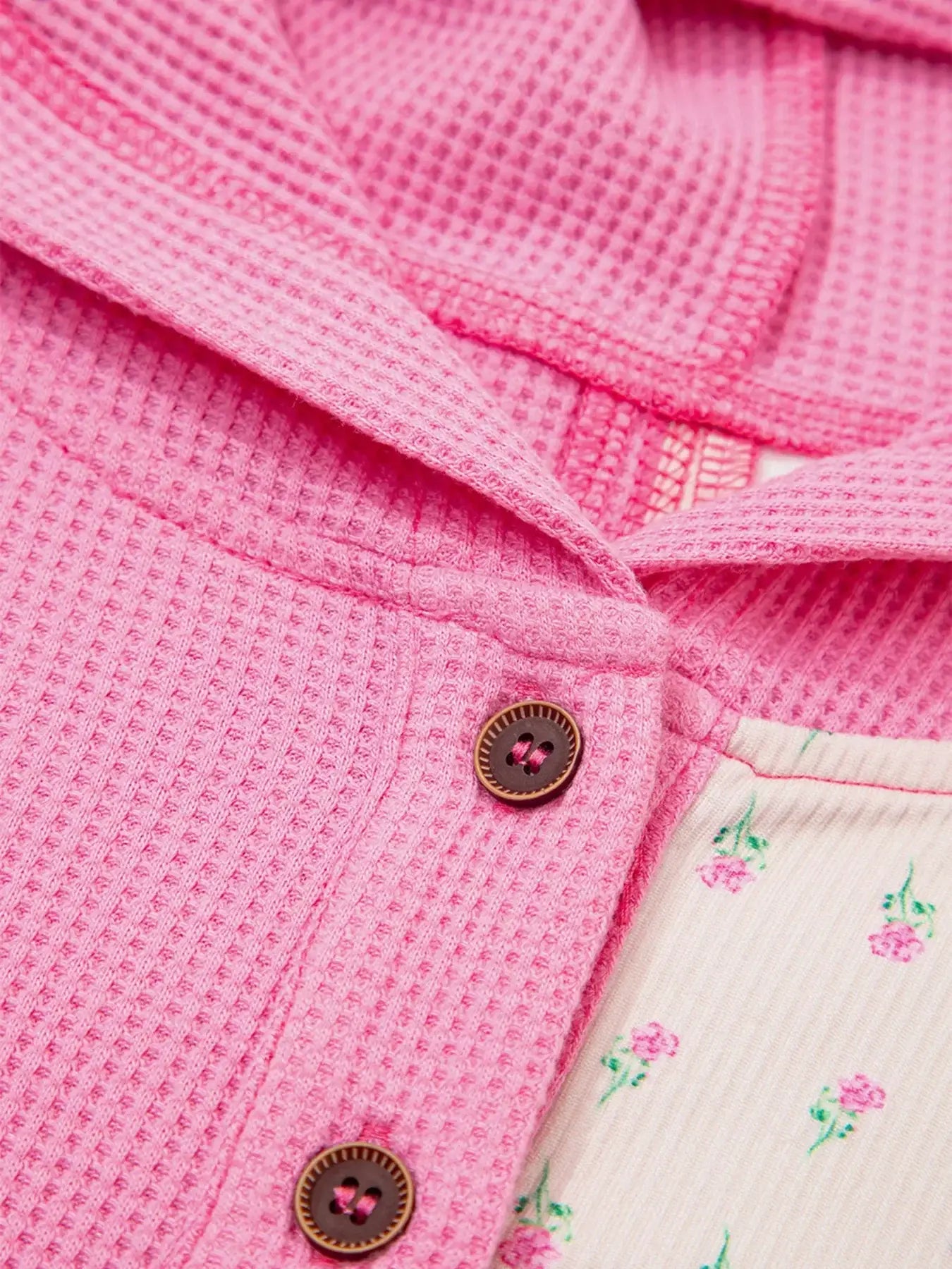 Mixed Texture Waffle Floral Patchwork Hooded Oversize Pullover - Trendsi - Flyclothing LLC