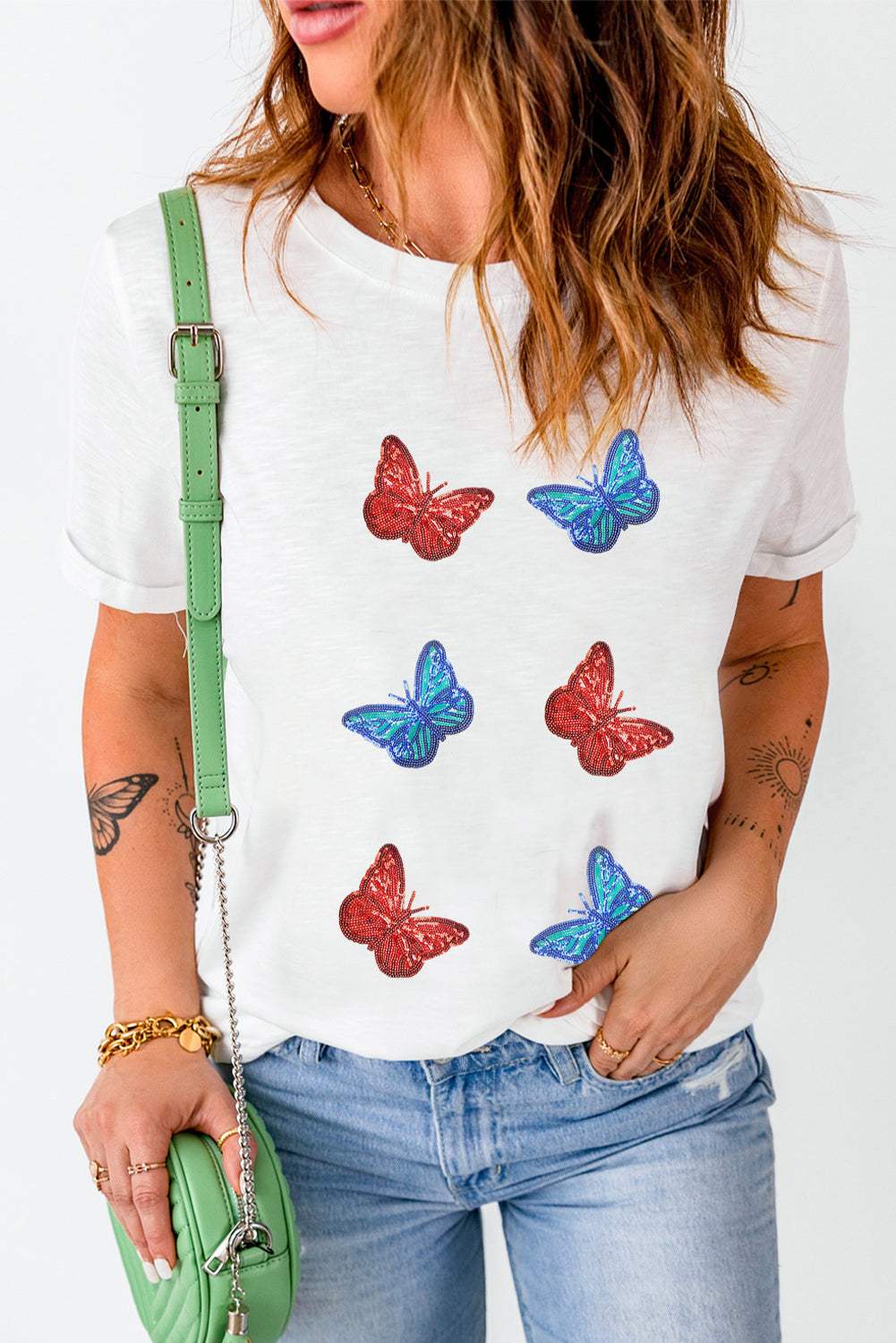 Sequin Butterfly Round Neck Short Sleeve T-Shirt - Trendsi - Flyclothing LLC