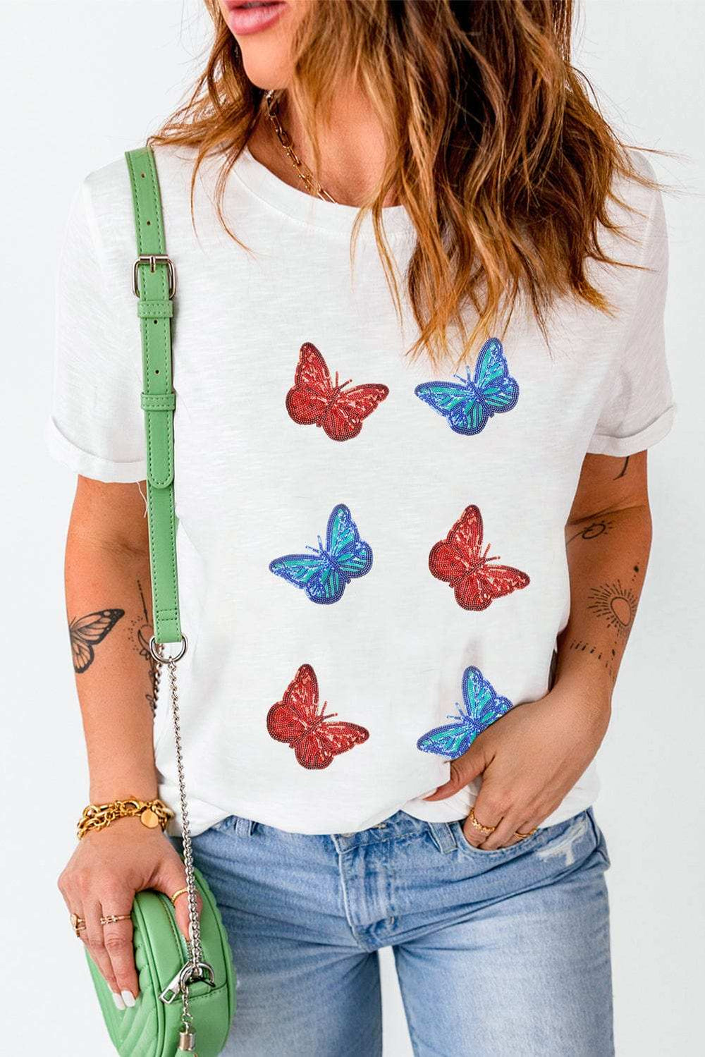 Sequin Butterfly Round Neck Short Sleeve T-Shirt - Trendsi - Flyclothing LLC