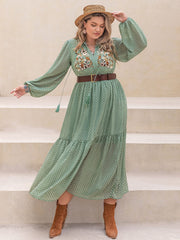 Plus Size Tassel Printed Tie Neck Long Sleeve Midi Dress - Trendsi
