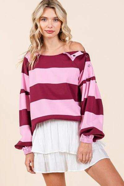Mittoshop Striped Snap Shoulder Long Sleeve T-Shirt - Trendsi - Flyclothing LLC