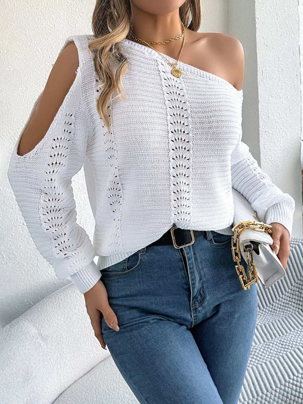 Openwork One Shoulder Cutout Long Sleeve Sweater - Trendsi - Flyclothing LLC