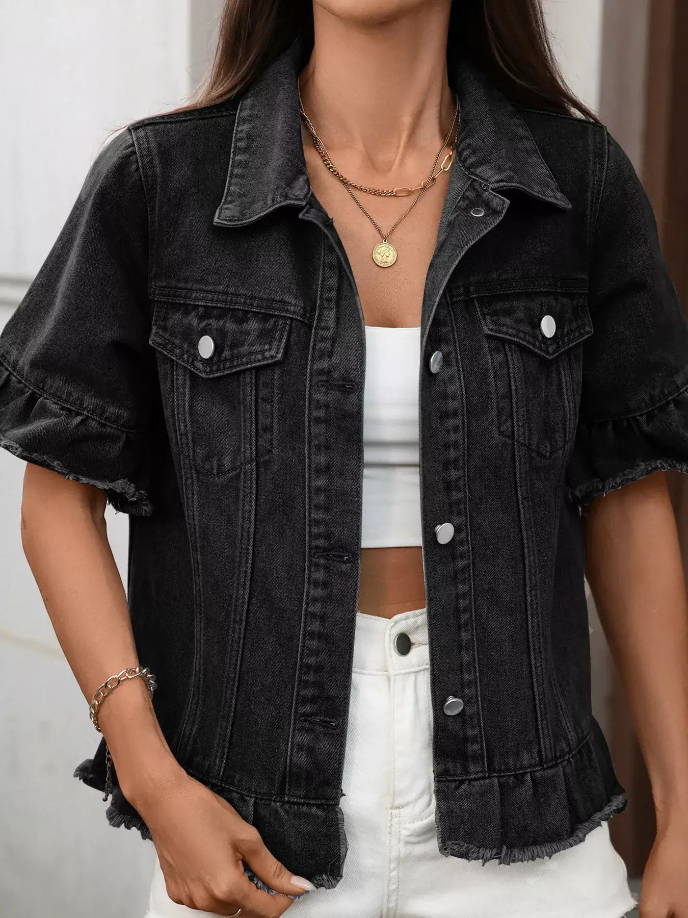 Raw Hem Button Up Denim Jacket - Trendsi - Flyclothing LLC