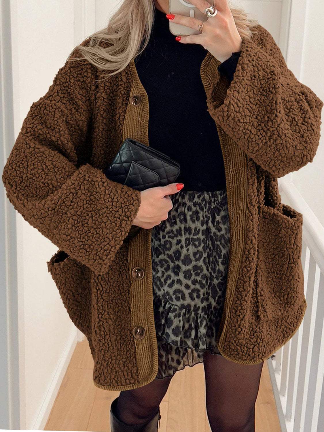 Contrast Button Up Sherpa Jacket with Pockets - Trendsi - Flyclothing LLC