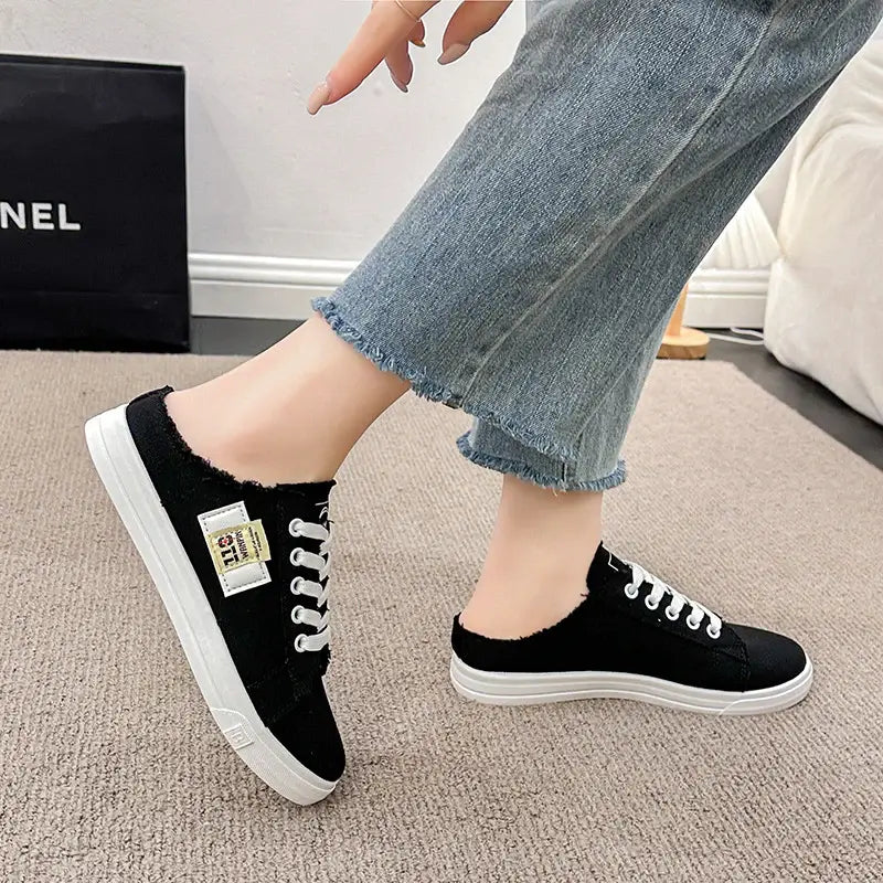 Frayed Hem Lace Up Canvas Sneakers - Trendsi - Flyclothing LLC