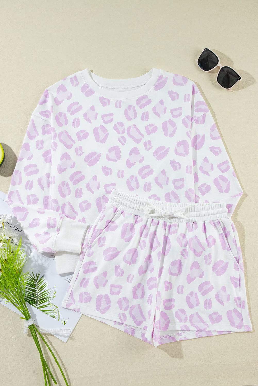 Leopard Long Sleeve Top and Drawstring Shorts Lounge Set - Trendsi - Flyclothing LLC