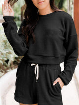Ribbed Round Neck Long Sleeve Top and Shorts Set - Trendsi - Flyclothing LLC