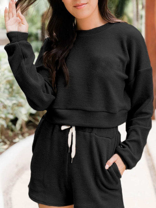 Ribbed Round Neck Long Sleeve Top and Shorts Set - Trendsi - Flyclothing LLC