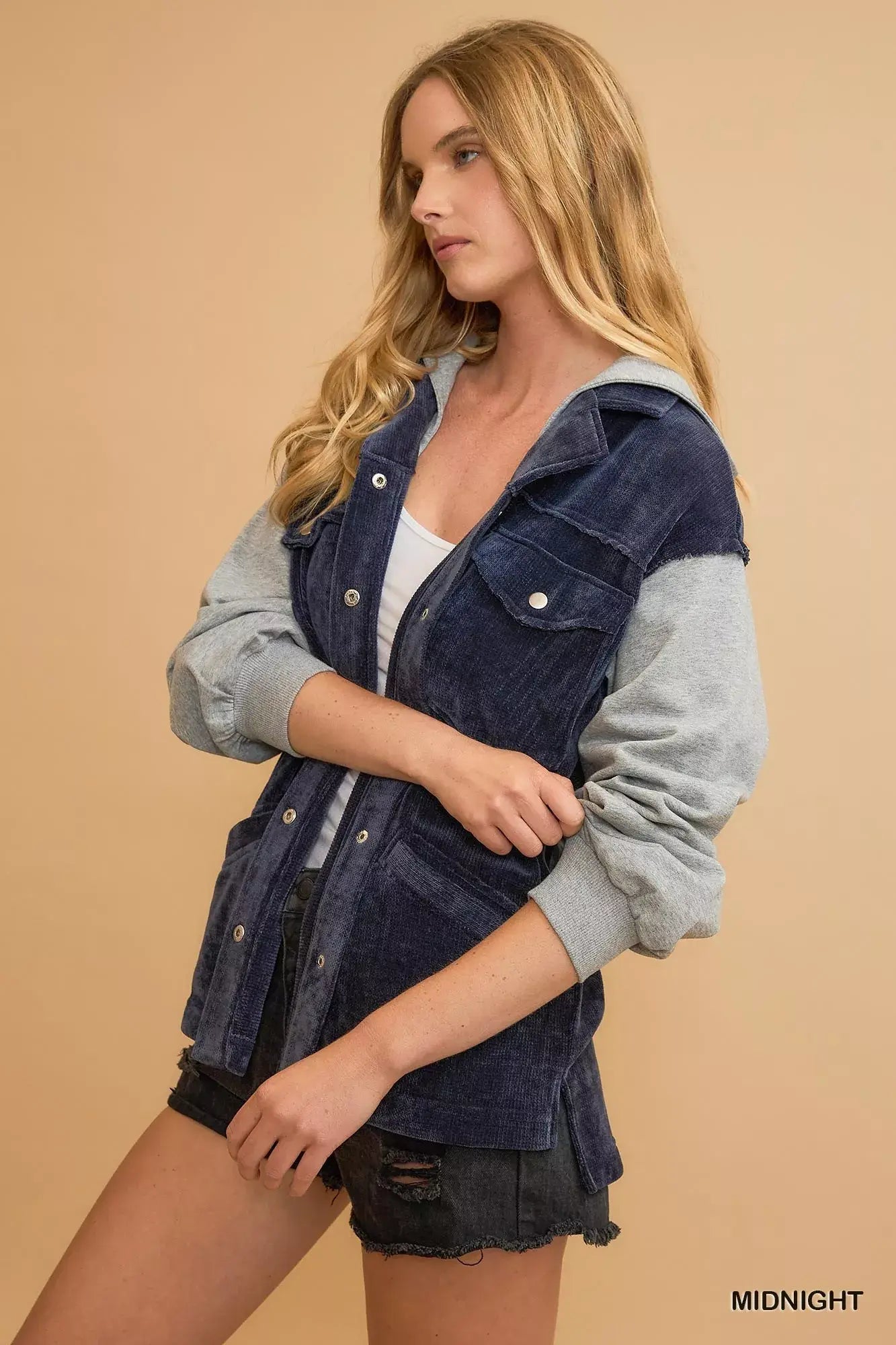 Umgee Contrast Hooded Chenille Jacket - Trendsi - Flyclothing LLC
