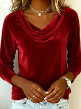 Velvet Cowl Neck Long Sleeve Top - Trendsi - Flyclothing LLC