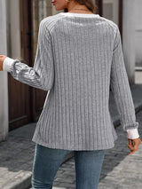 Ribbed Round Neck Raglan Sleeve Knit Top - Trendsi - Flyclothing LLC