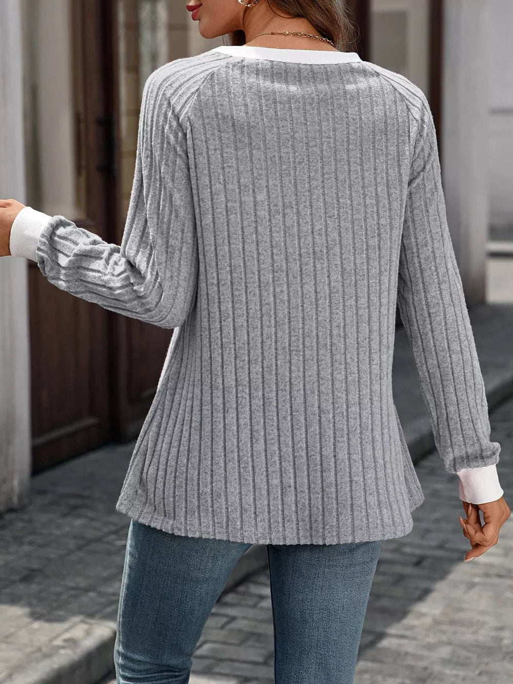 Ribbed Round Neck Raglan Sleeve Knit Top - Trendsi - Flyclothing LLC