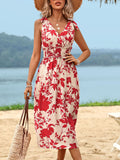 Smocked Printed Surplice Midi Dress - Trendsi