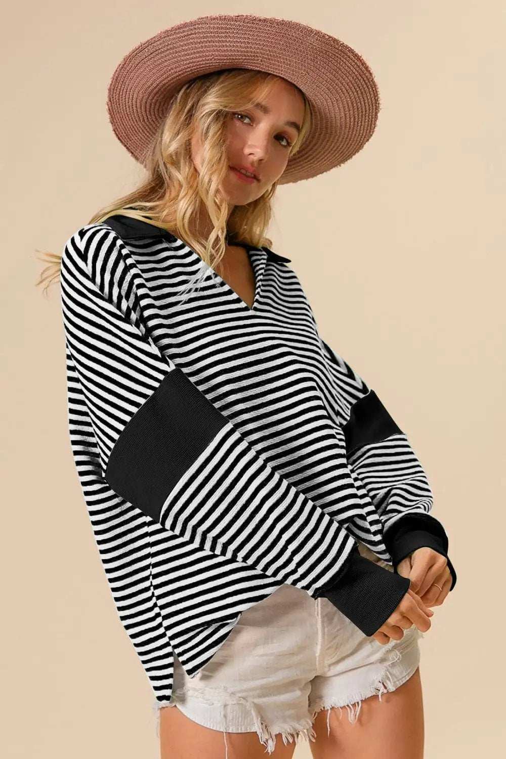 BiBi Striped Contrast Long Sleeve Knit Top - Trendsi - Flyclothing LLC