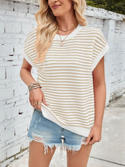 Lovelet Striped Round Neck Cap Sleeve Sweater - Trendsi