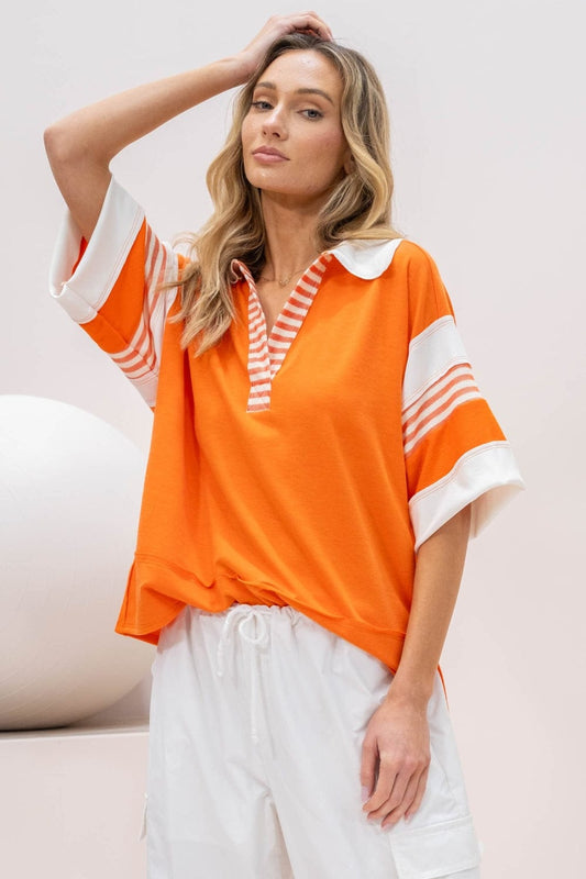 Hailey & Co Full Size Contrast Stripe Polo Shirt - Trendsi