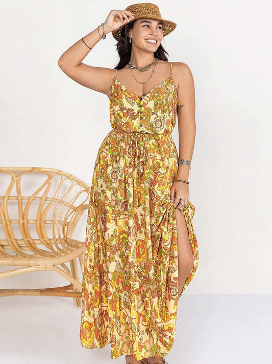 Plus Size Printed V-Neck Maxi Cami Dress - Trendsi - Flyclothing LLC