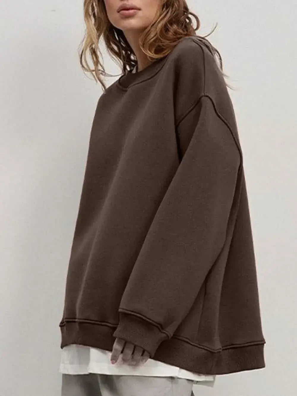 Round Neck Dropped Shoulder Long Sleeve Sweatshirt - Trendsi - Flyclothing LLC