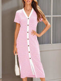 Contrast Striped V-Neck Short Sleeve Midi Dress - Trendsi - Flyclothing LLC